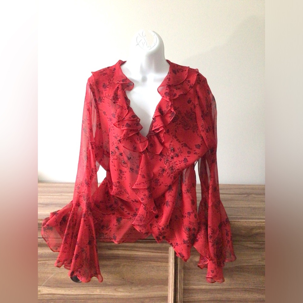 Y2K Avenue 100% Red Black Floral Print Fairy Whimsigoth Boho Bell Sleeve Top  L